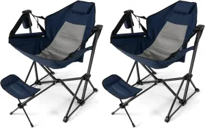 HAPPYGRILL 2-Pack Hammock Camping Chair, Outdoor Folding Swinging Chair with Retractable Footrest, Head Pillow, Carrying Bag Included, Portable Lightweight Rocking Chair for Camping Fishing Picnic