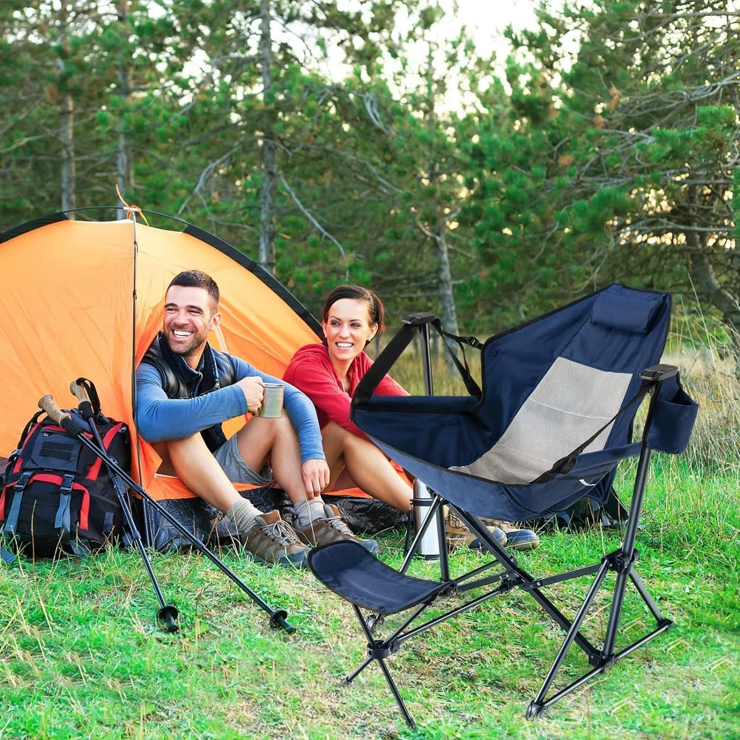HAPPYGRILL 2-Pack Hammock Camping Chair, Outdoor Folding Swinging Chair with Retractable Footrest, Head Pillow, Carrying Bag Included, Portable Lightweight Rocking Chair for Camping Fishing Picnic