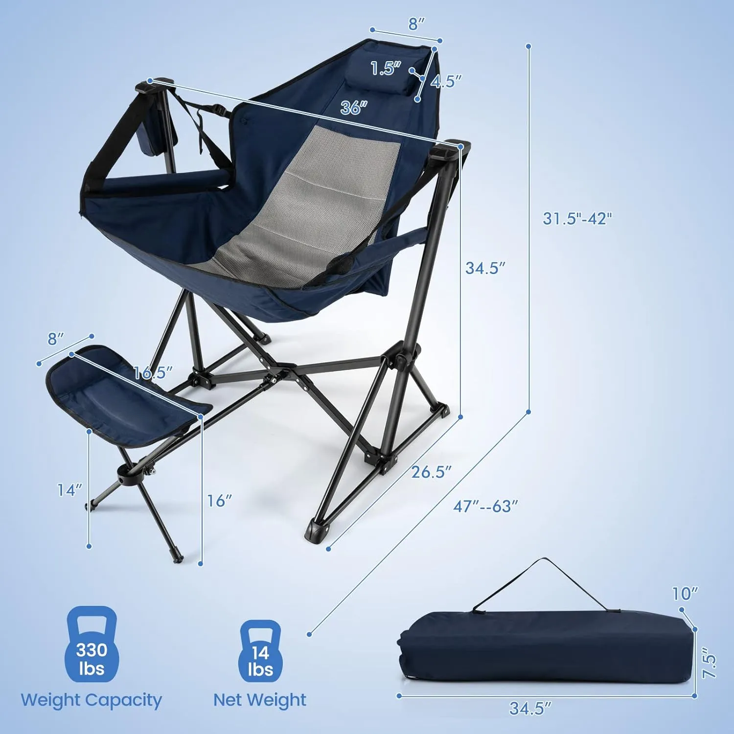 HAPPYGRILL Hammock Camping Chair Outdoor Folding Swinging Chair with Retractable Footrest, Cozy Head Pillow, Carrying Bag Included, Portable Lightweight Rocking Chair for Camping Fishing Picnic