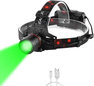 Headlamp Green Light for Hunting Coon Coyotes Hog Predator, PROFORUS 1000 Lumens XML-T6 Headlamp Green LED Rechargeable & Zoomable Green Head Light Waterproof 3 Modes for Night Vision and Hunting