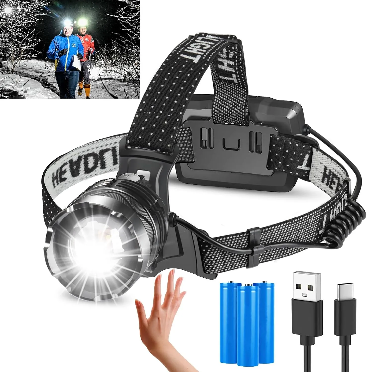 Headlamp Rechargeable, 5000 Lumen Bright Headlamp, 60H Long Battery Life, 3 Modes & Sensor, Zoomable, Battery Powered Headlamps, Power Display, Waterproof Head Lamp for Camping, Hunting