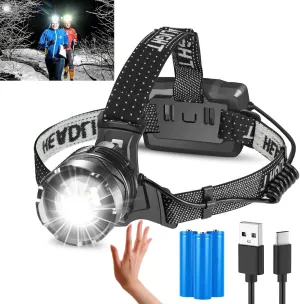 Headlamp Rechargeable, 5000 Lumen Bright Headlamp, 60H Long Battery Life, 3 Modes & Sensor, Zoomable, Battery Powered Headlamps, Power Display, Waterproof Head Lamp for Camping, Hunting