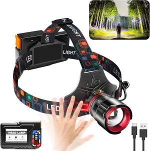 Headlamp Rechargeable, Super Bright with 5 Modes, Motion Sensor Head Lamp Batteries Included, Waterproof Headlamps for Camping Hunting Running Fishing Biking
