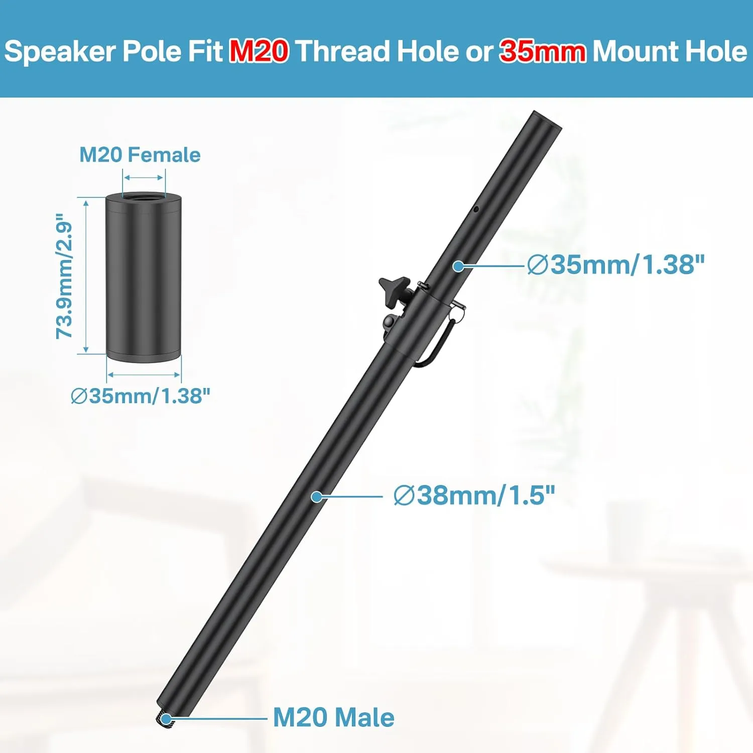 Height Adjustable M20 Speaker Pole Mount for Subwoofer Extender with M20 to 35mm Adapter - Heavy-Duty 2 in 1 Speaker Poles for Subwoofers Fits M20 Threaded Mount and 35mm Mounts Up to 121LBS, 1 Pack