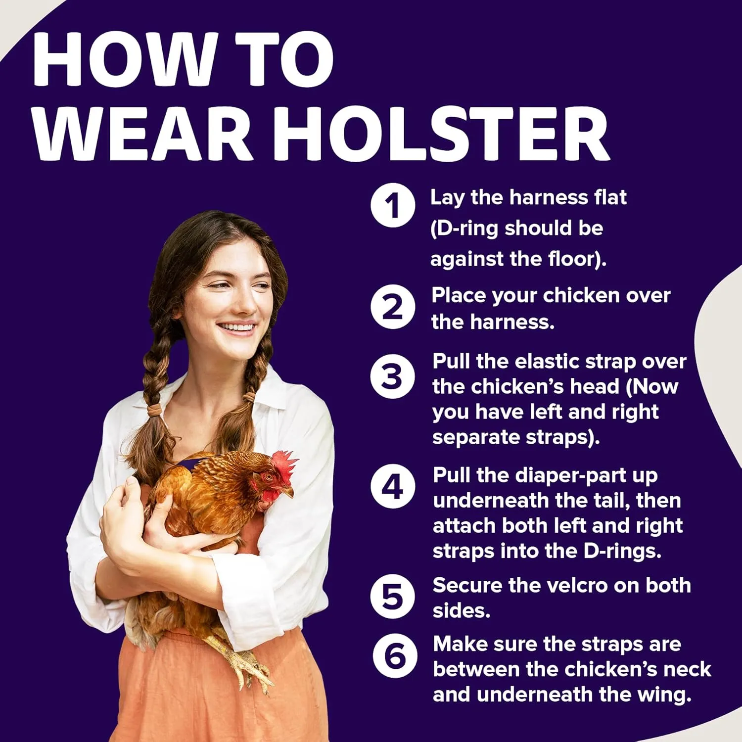 Hen Holster Bikini Diaper, Bird Diaper & Harness for Hens, Roosters, Ducks, Geese - with Removable Vinyl Liner, Adjustable Fit for Outdoor Adventures & Indoor Use - Easy to wear - S/M, Purple