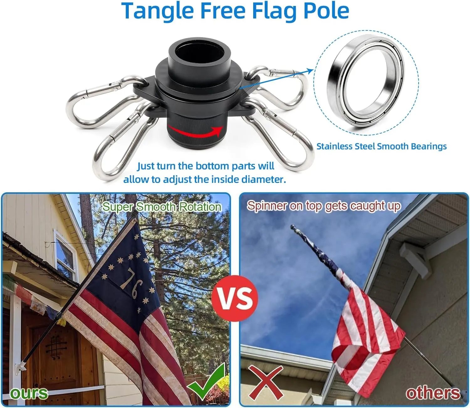 HIBLE Tangle Free Flag Pole 7 FT Carbon Fiber Flag Pole 1 Inch Black Flag Pole for House 6 Sections Adjustable Flag Poles (Flag Pole Only)