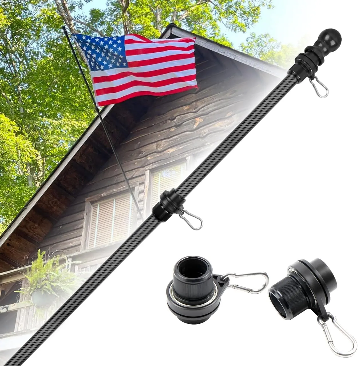 HIBLE Tangle Free Flag Pole 7 FT Carbon Fiber Flag Pole 1 Inch Black Flag Pole for House 6 Sections Adjustable Flag Poles (Flag Pole Only)