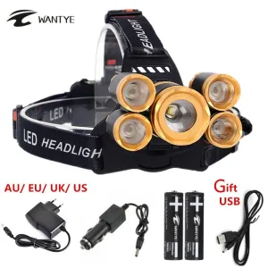 High Power 15000 Lumen XML T6 4R5 USB Rechargeable Headlight 4 Mode Zoom Outdoor Camping LED Headlamp 2*18650 Battery Charger