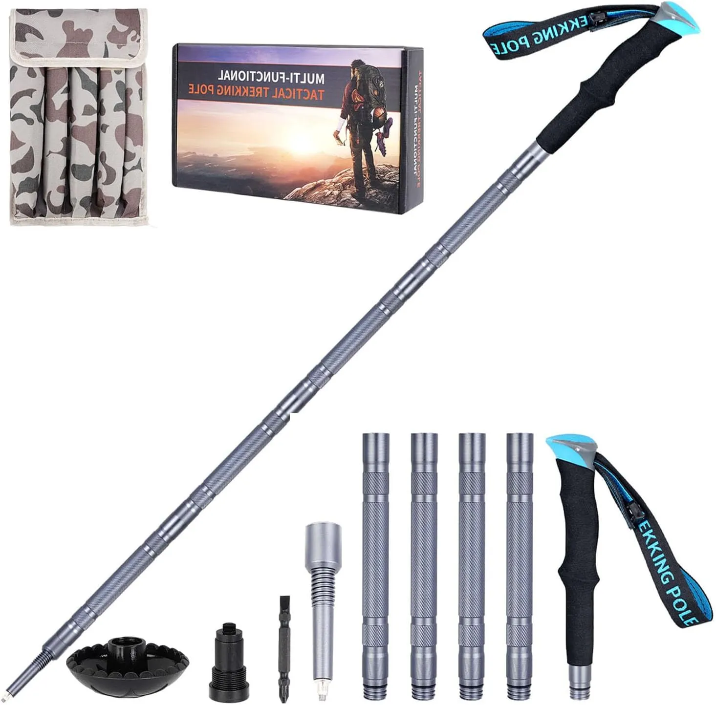 Hiking Stick Walking Staff - Detachable Trekking Pole Multitool for Women Child (5 Tube