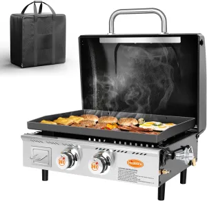 Hisencn Portable Griddle for Outdoor, Tabletop, Countertop, Kitchen, Tailgating, RV - Nonstick Camping Griddle 369 sq. in. 24000 BTUs Griddle for Gas Grill, 22 Inch with Hood, with Carry Bag
