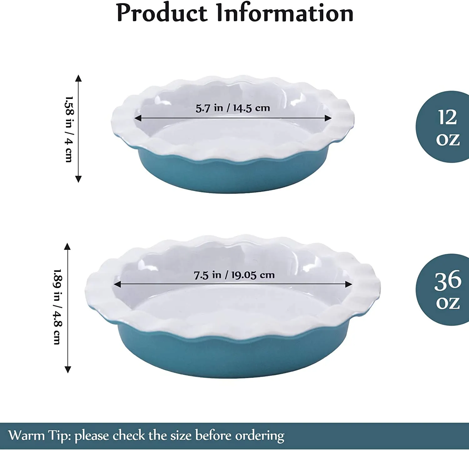 Hompiks Pie Pan Pie Dish 36 oz Pie Pans for Baking Oven Kitchen Porcelain Pie Plate Blue Pie Dishes for Apple Pie Pumpkin Pie(2 Pack, 8 Inch and 6 Inch)