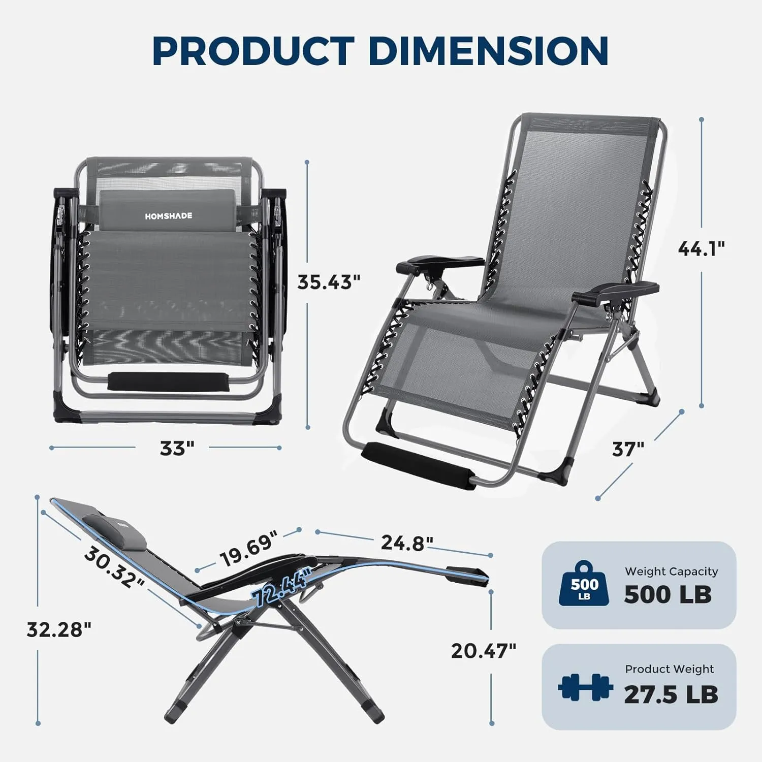 HOMSHADE XXL Zero Gravity Chair with Cushion, 33In Oversized Zero Gravity Lounge Chair, Patio Outdoor Recliner Chair for Indoor Outdoor with Headrest, Cup Holder, Footrest Support 500Lbs, Grey