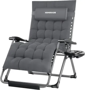 HOMSHADE XXL Zero Gravity Chair with Cushion, 33In Oversized Zero Gravity Lounge Chair, Patio Outdoor Recliner Chair for Indoor Outdoor with Headrest, Cup Holder, Footrest Support 500Lbs, Grey
