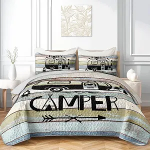 HOSIMA Vintage Camper Queen Size Quilt,Lightweight Bedding Set for Adults,Camping Travel Trailer Printed Quilt for Camper Decor,Happy Camping Themed Bedding with 2 Pillowcases.