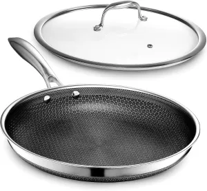 Hybrid Nonstick 12-Inch Frying Pan with Tempered Glass Lid, Stay-Cool Handle, Dishwasher-Friendly, Oven-Safe Up to 900°F, Compatible with All Cooktops - Cookware
