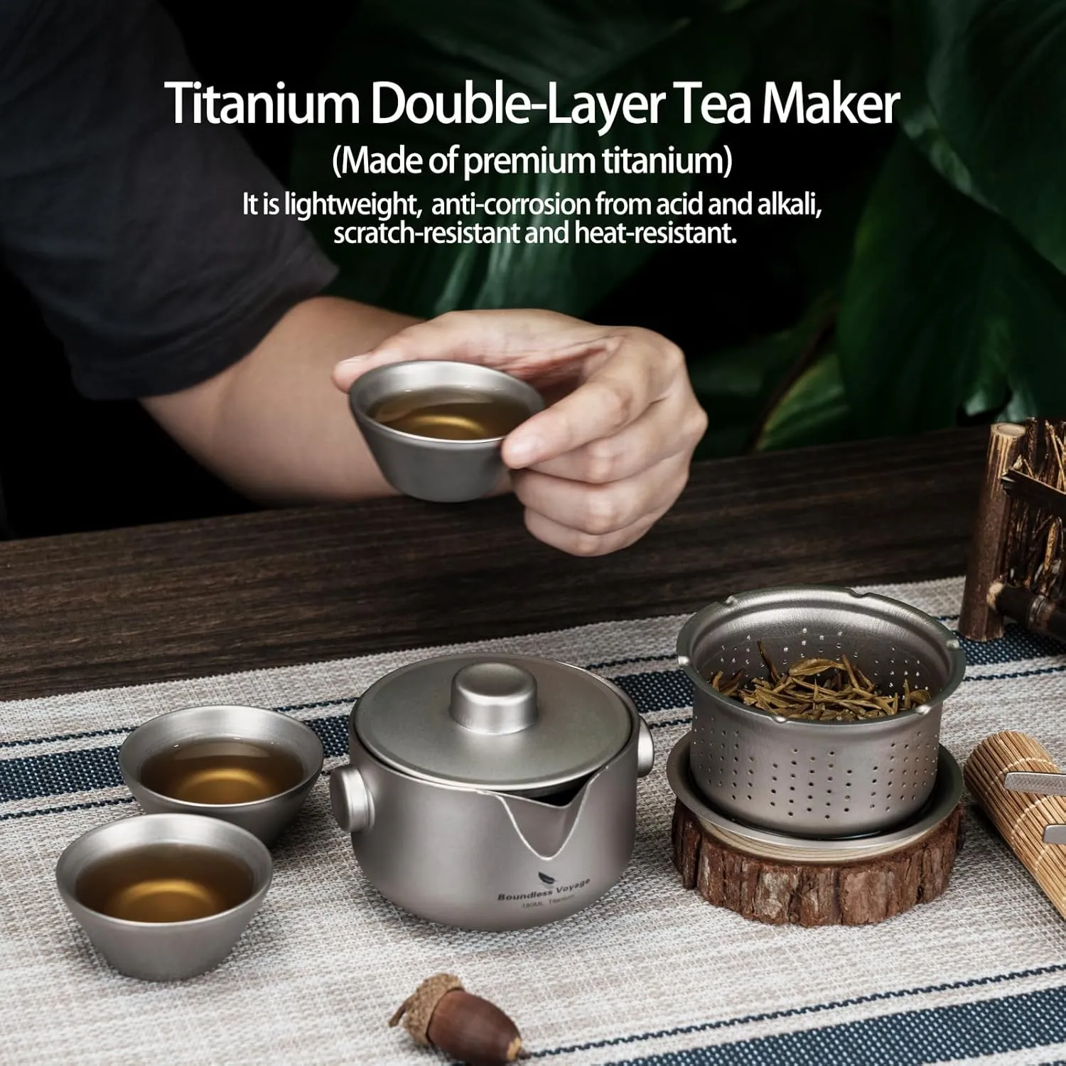 iBasingo 180ML Titanium Kung Fu Tea Set with 3 teacup Teapot with Strainer Dividing Cup Double-Layer Gaiwan Portable Tea Bowl Mug for Outdoor Camping Travel Picnic Backpacking Home Office Ti3137D