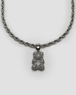 Iced Teddy Bear Pendant Rope Chain Necklace