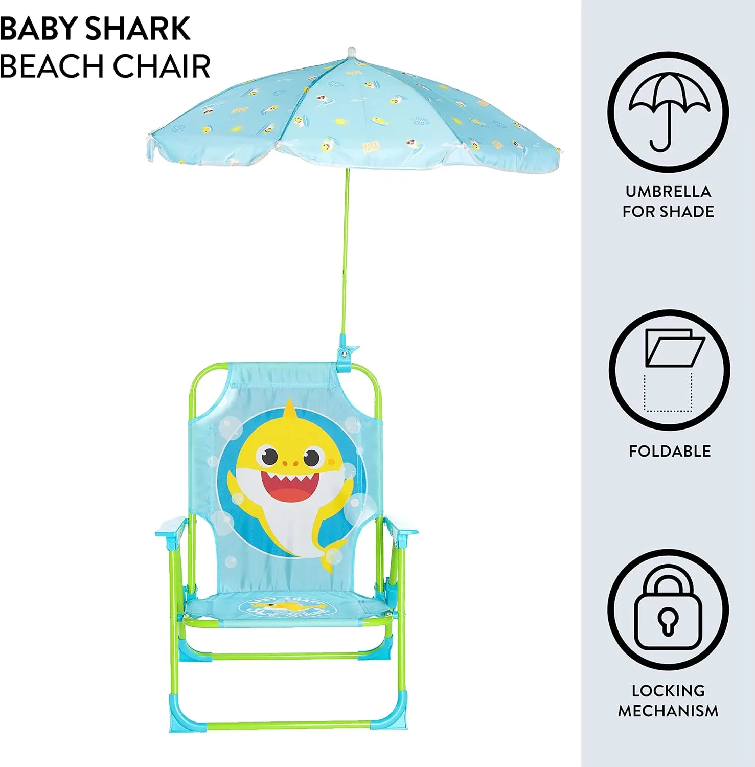Idea Nuova Baby Shark Kids Outdoor Chair with Umbrella - Adjustable, Portable, Perfect for Beach or Pool