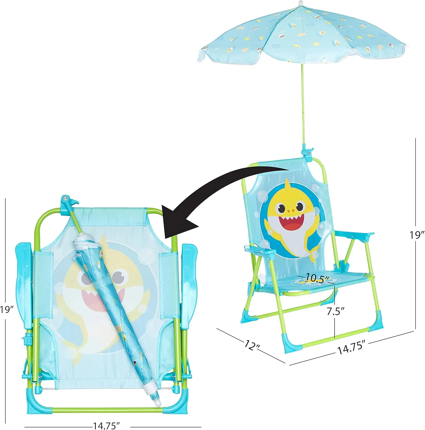 Idea Nuova Baby Shark Kids Outdoor Chair with Umbrella - Adjustable, Portable, Perfect for Beach or Pool