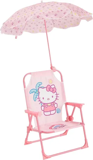 Idea Nuova Sanrio Hello Kitty Kids Outdoor Folding Beach Chair with Umbrella,Portable Camp Chair for Ages 3 , Lightweight & Compact for Beach, Camping, and Backyard