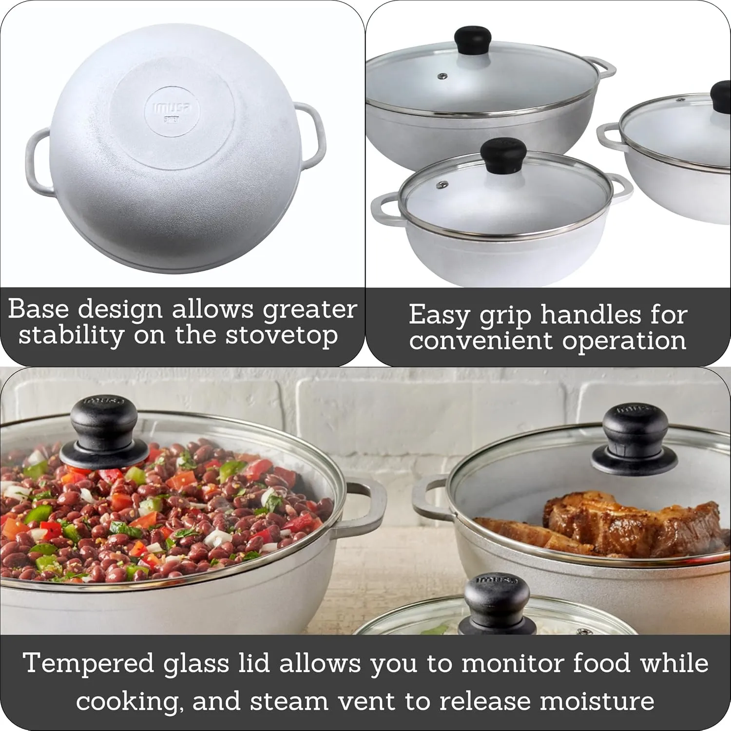 IMUSA 3 Piece Caldero Set with Tempered Glass Lid 1.5/2.5/5.2Qt, Aluminum, Silver