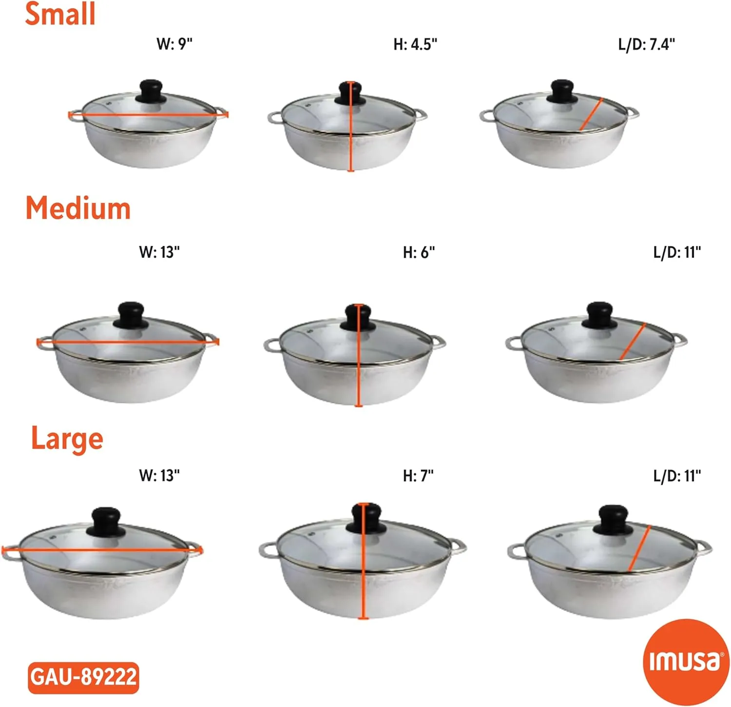 IMUSA 3 Piece Caldero Set with Tempered Glass Lid 1.5/2.5/5.2Qt, Aluminum, Silver