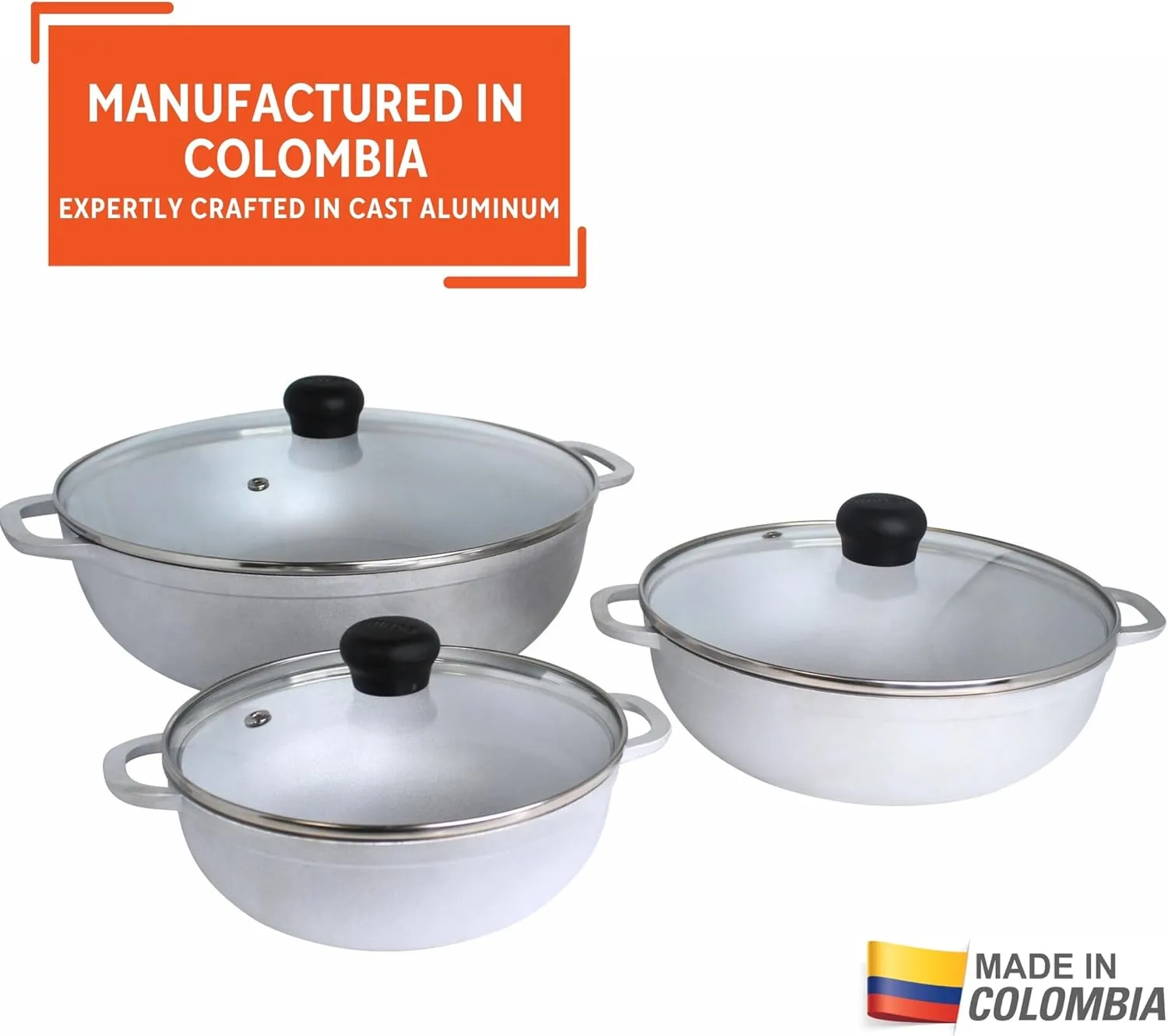 IMUSA 3 Piece Caldero Set with Tempered Glass Lid 1.5/2.5/5.2Qt, Aluminum, Silver