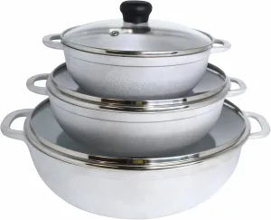 IMUSA 3 Piece Caldero Set with Tempered Glass Lid 1.5/2.5/5.2Qt, Aluminum, Silver