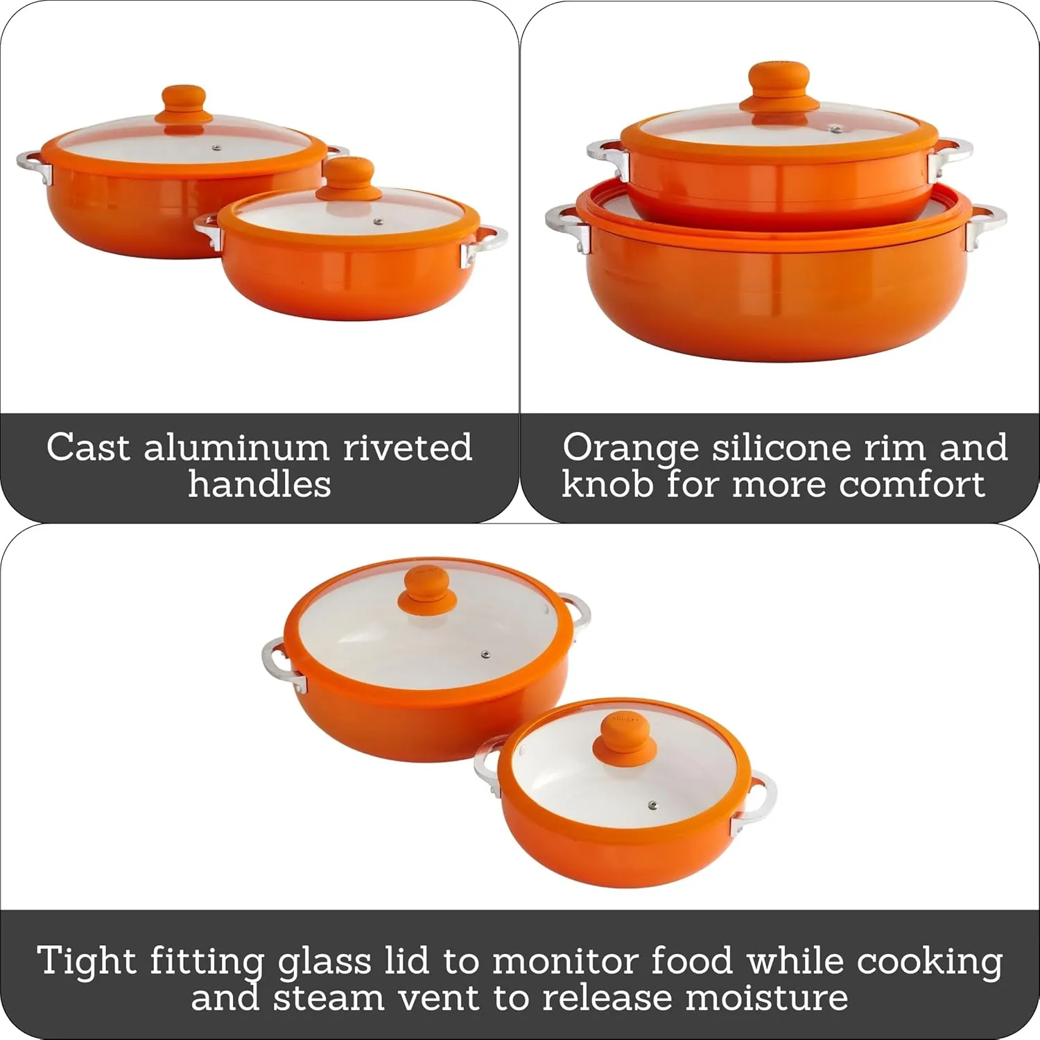 IMUSA USA 2 Piece Orange Ceramic Interior Caldero Set with Orange Silicone Rim and Glass Lid