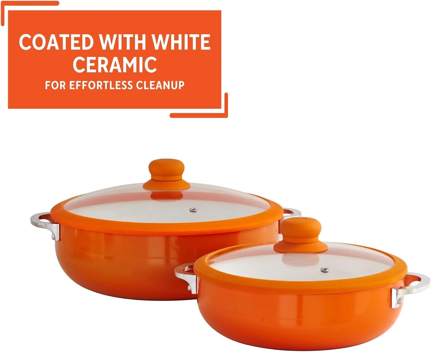 IMUSA USA 2 Piece Orange Ceramic Interior Caldero Set with Orange Silicone Rim and Glass Lid