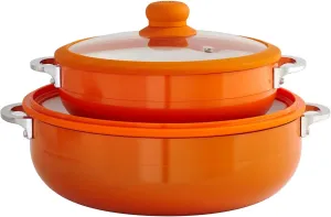 IMUSA USA 2 Piece Orange Ceramic Interior Caldero Set with Orange Silicone Rim and Glass Lid