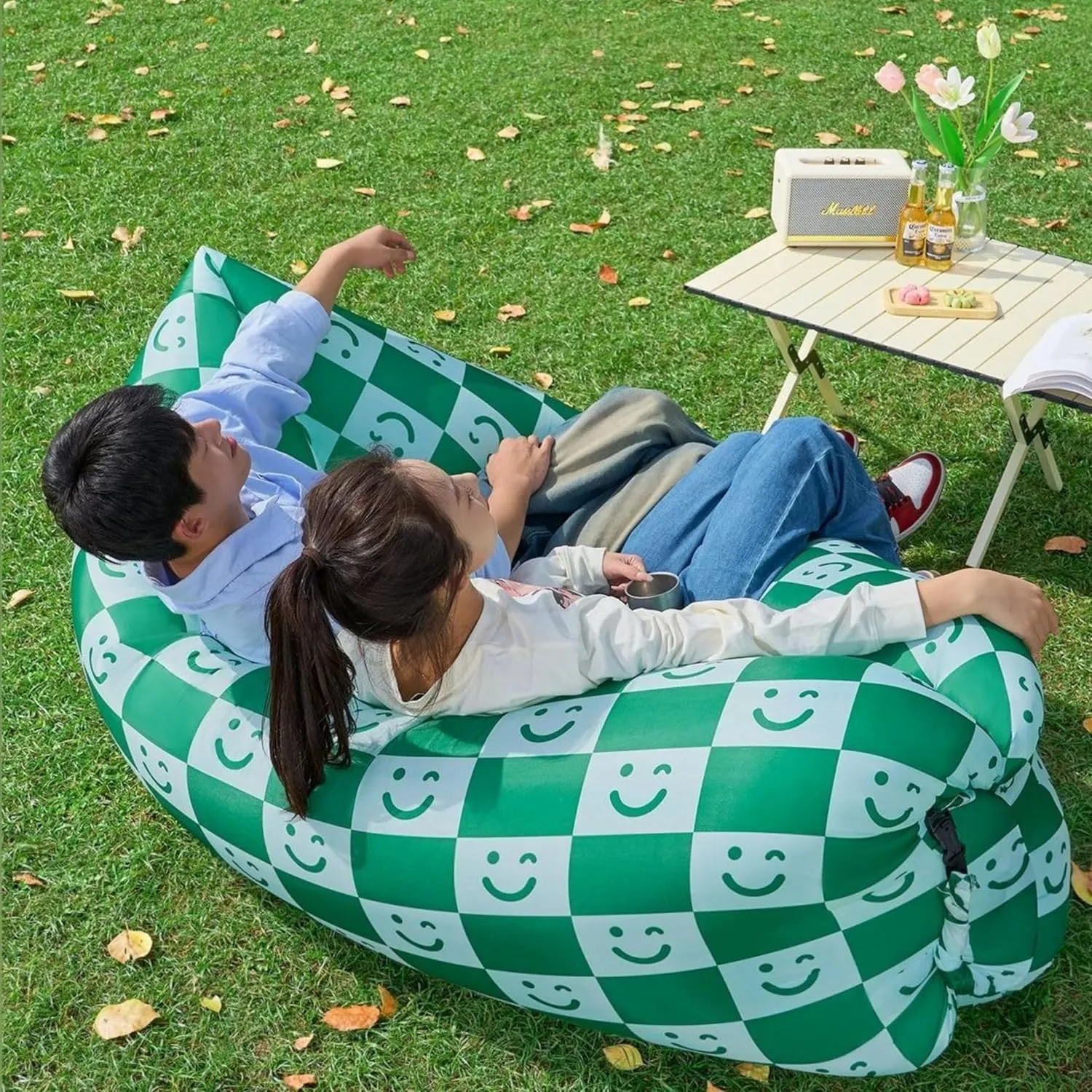 Inflatable Sofa with Pillow, Portable Waterproof Couch for Camping, Beach, Travel, Picnics, Outdoor, Music Festivals, Backyard-Bean Bag Chair, Folding Sofa-Beach Bed (Green Checkered Smiling Face)