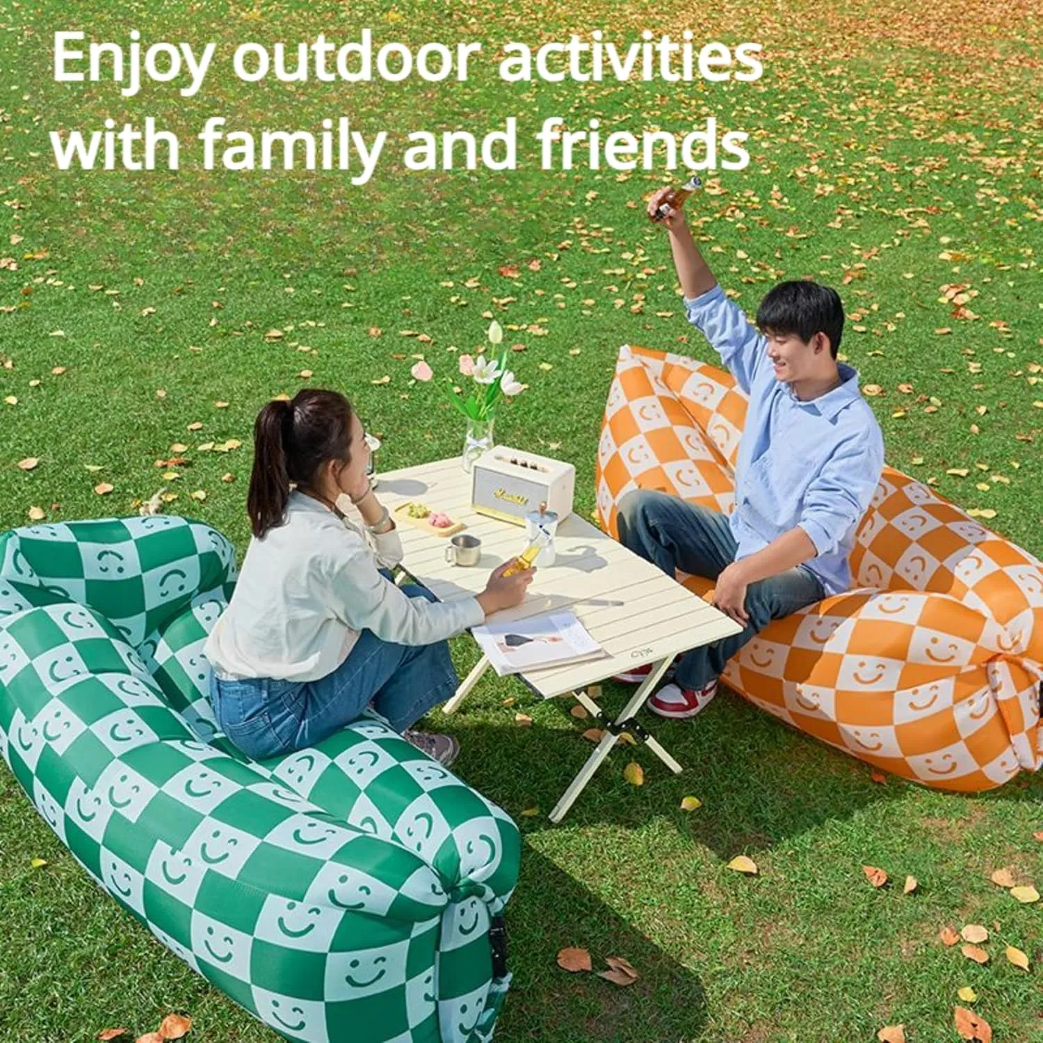 Inflatable Sofa with Pillow, Portable Waterproof Couch for Camping, Beach, Travel, Picnics, Outdoor, Music Festivals, Backyard-Bean Bag Chair, Folding Sofa-Beach Bed (Green Checkered Smiling Face)