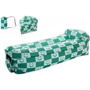 Inflatable Sofa with Pillow, Portable Waterproof Couch for Camping, Beach, Travel, Picnics, Outdoor, Music Festivals, Backyard-Bean Bag Chair, Folding Sofa-Beach Bed (Green Checkered Smiling Face)