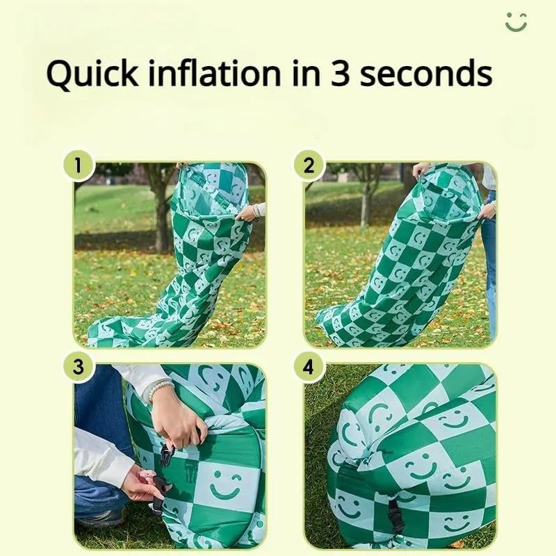 Inflatable Sofa with Pillow, Portable Waterproof Couch for Camping, Beach, Travel, Picnics, Outdoor, Music Festivals, Backyard-Bean Bag Chair, Folding Sofa-Beach Bed (Green Checkered Smiling Face)
