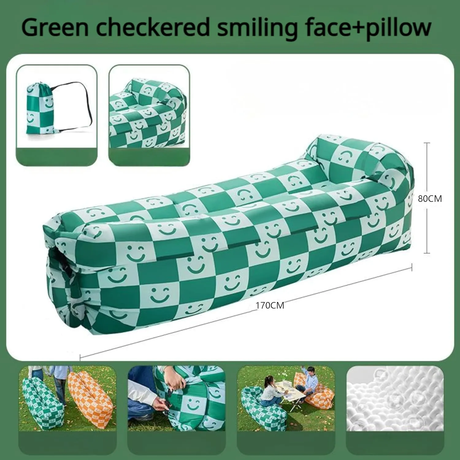 Inflatable Sofa with Pillow, Portable Waterproof Couch for Camping, Beach, Travel, Picnics, Outdoor, Music Festivals, Backyard-Bean Bag Chair, Folding Sofa-Beach Bed (Green Checkered Smiling Face)