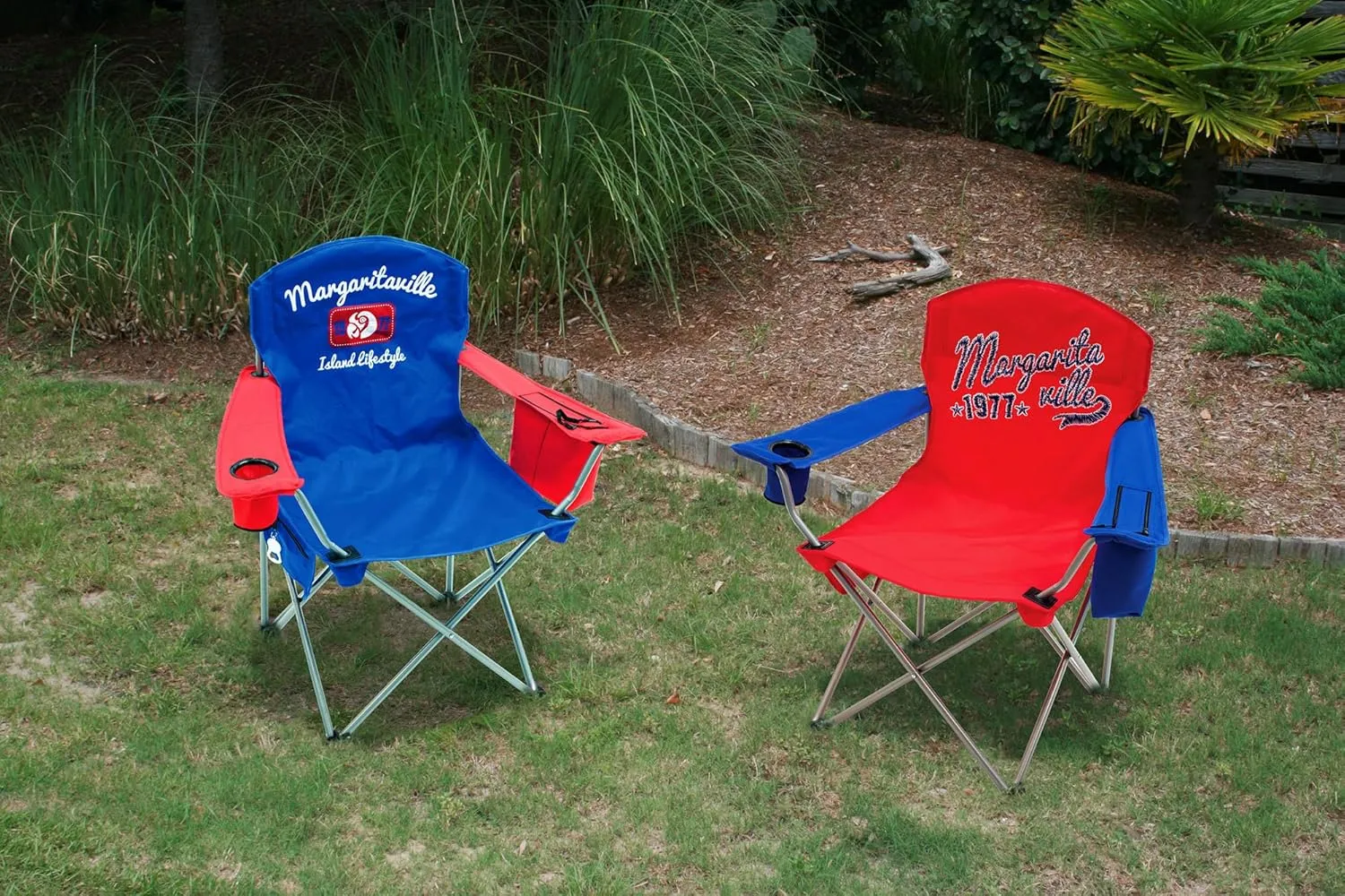 Island Lifestyle Portable Quad Chair with Beverage Holder and Cooler (Red and Blue)