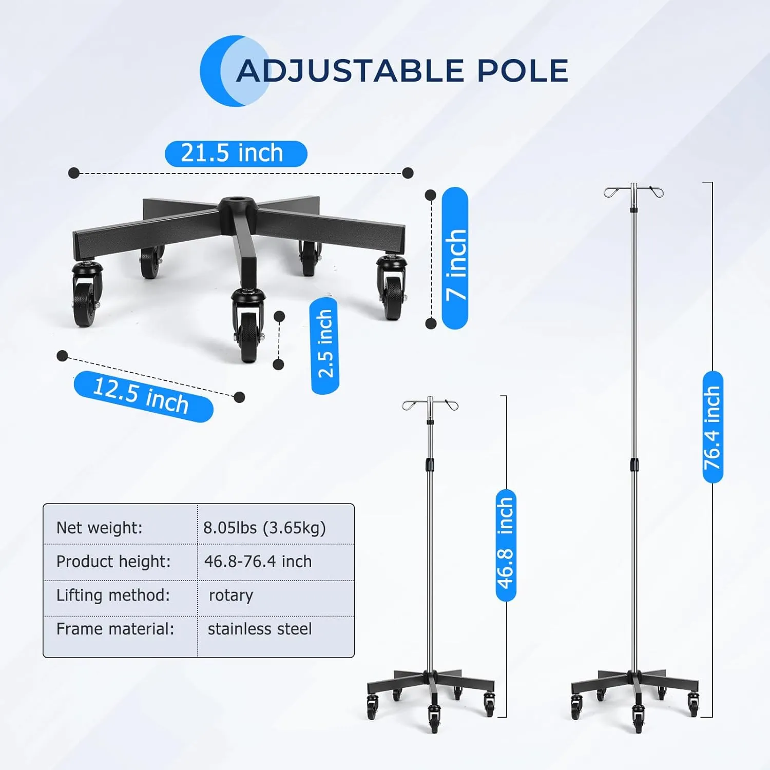 IV Poles with Wheels IV Stands 2 Hooks 5 Legs Rolling Base with Heavy Duty Stainless Steel, Adjustable Height, 2 PCS
