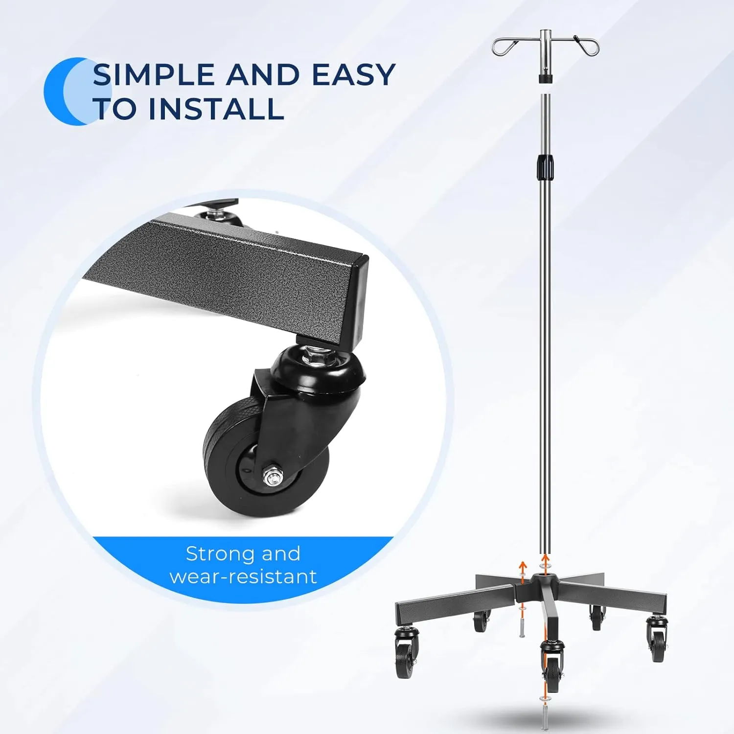 IV Poles with Wheels IV Stands 2 Hooks 5 Legs Rolling Base with Heavy Duty Stainless Steel, Adjustable Height, 2 PCS