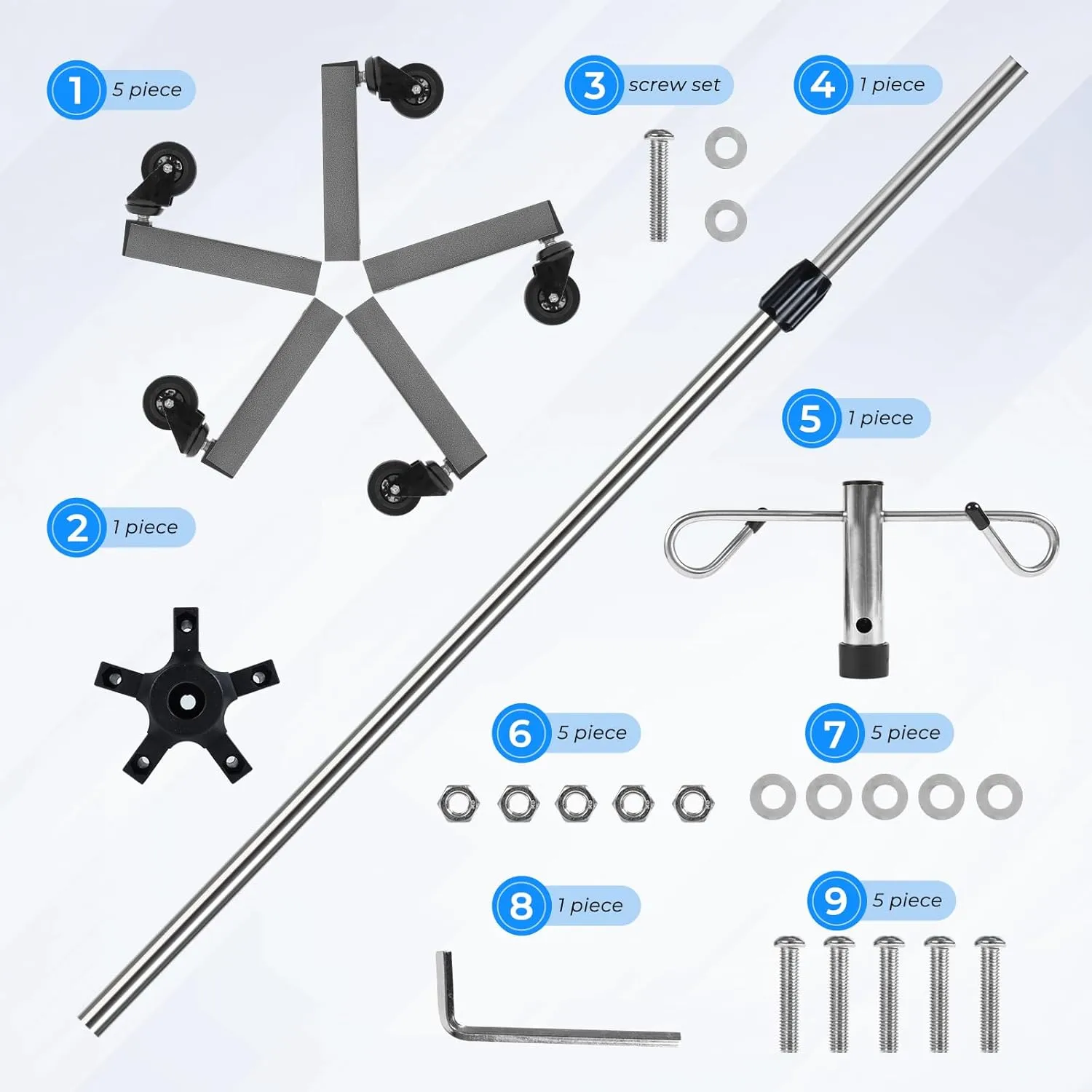 IV Poles with Wheels IV Stands 2 Hooks 5 Legs Rolling Base with Heavy Duty Stainless Steel, Adjustable Height, 2 PCS