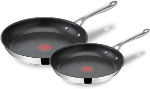 Jamie Oliver by Tefal Cook's Direct Stainless Steel Frying Pan Set, (24 & 28cm) – Non-Stick, Heat Indicator, Safe-Grip Riveted Handle, Induction Compatible – E304S244