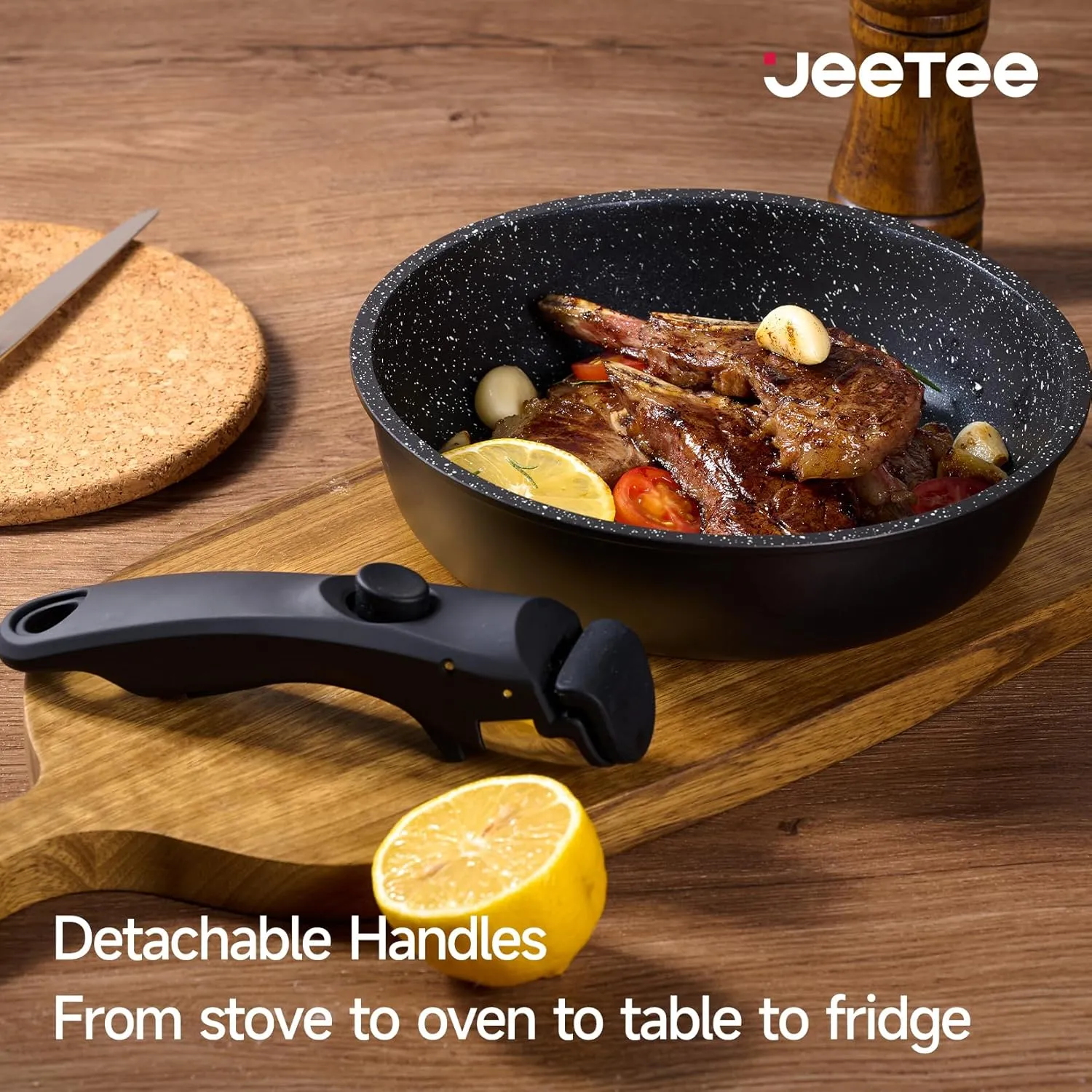 JEETEE Pots and Pans Set Non Stick 25pcs, Cookware Set with Removable Handle, Induction Kitchen Cooking Sets with Detachable Handle, RV Camping Stackable Pots Pans, Oven Safe, PFOA Free, Black