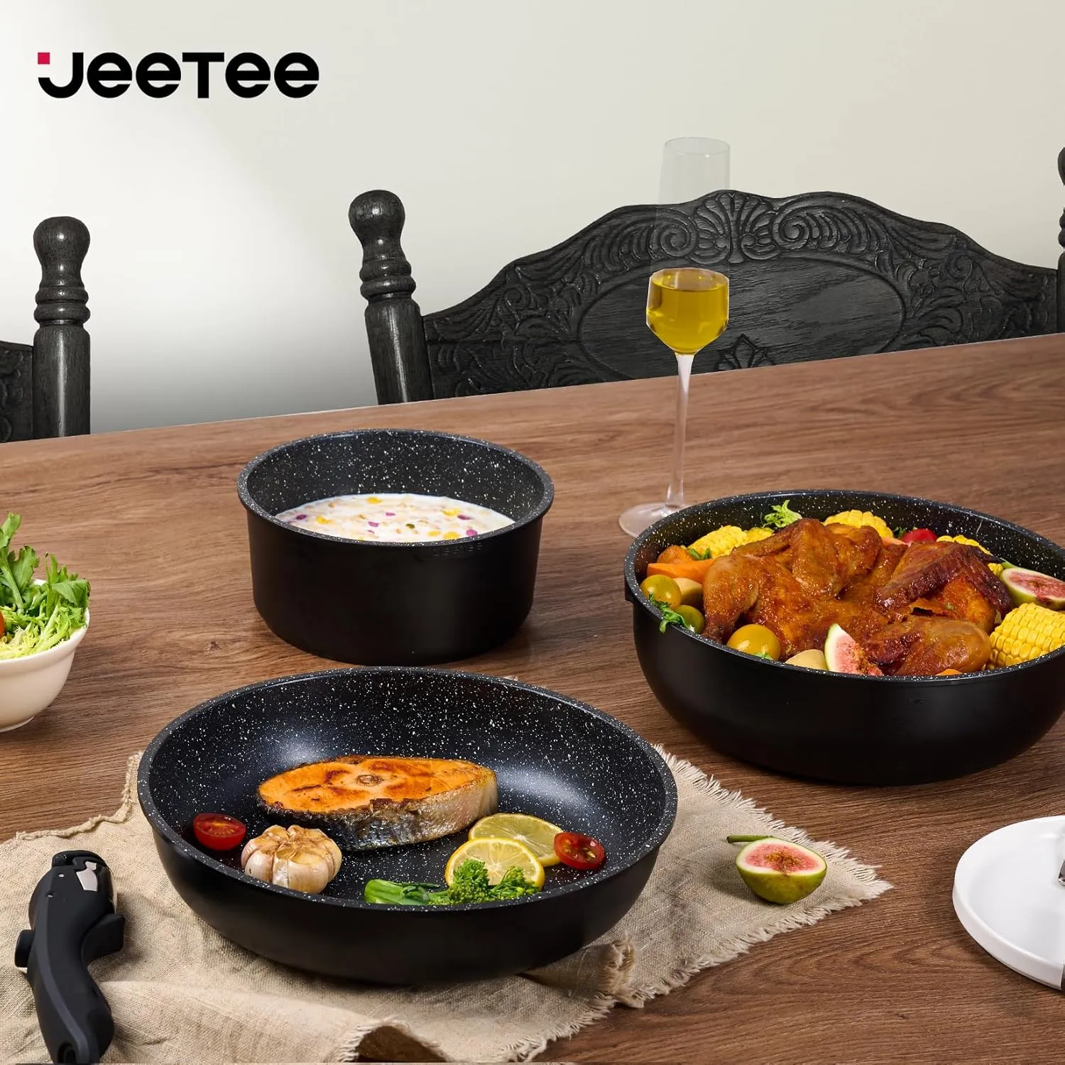 JEETEE Pots and Pans Set Non Stick 25pcs, Cookware Set with Removable Handle, Induction Kitchen Cooking Sets with Detachable Handle, RV Camping Stackable Pots Pans, Oven Safe, PFOA Free, Black