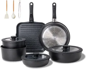 JEETEE Pots and Pans Set Non Stick 25pcs, Cookware Set with Removable Handle, Induction Kitchen Cooking Sets with Detachable Handle, RV Camping Stackable Pots Pans, Oven Safe, PFOA Free, Black