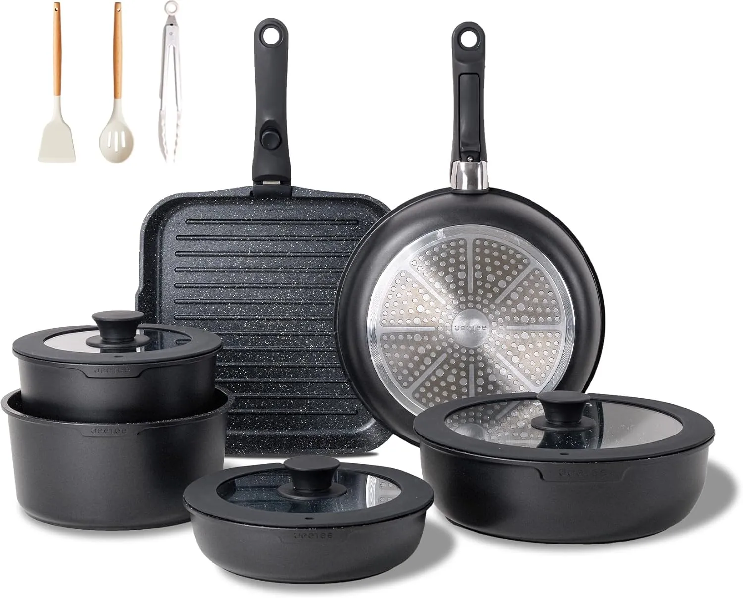 JEETEE Pots and Pans Set Non Stick 25pcs, Cookware Set with Removable Handle, Induction Kitchen Cooking Sets with Detachable Handle, RV Camping Stackable Pots Pans, Oven Safe, PFOA Free, Black