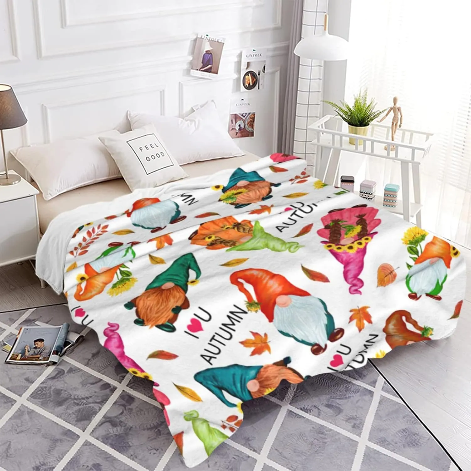 JOOCAR Autumn Gnome Throw Blanket Fall Leaves Decor Cute Gnome with Sunflower Blanket Cozy Soft Lightweight Flannel Plush Blankets for Bed Couch Living Room Sofa Chair,60x80 Inch