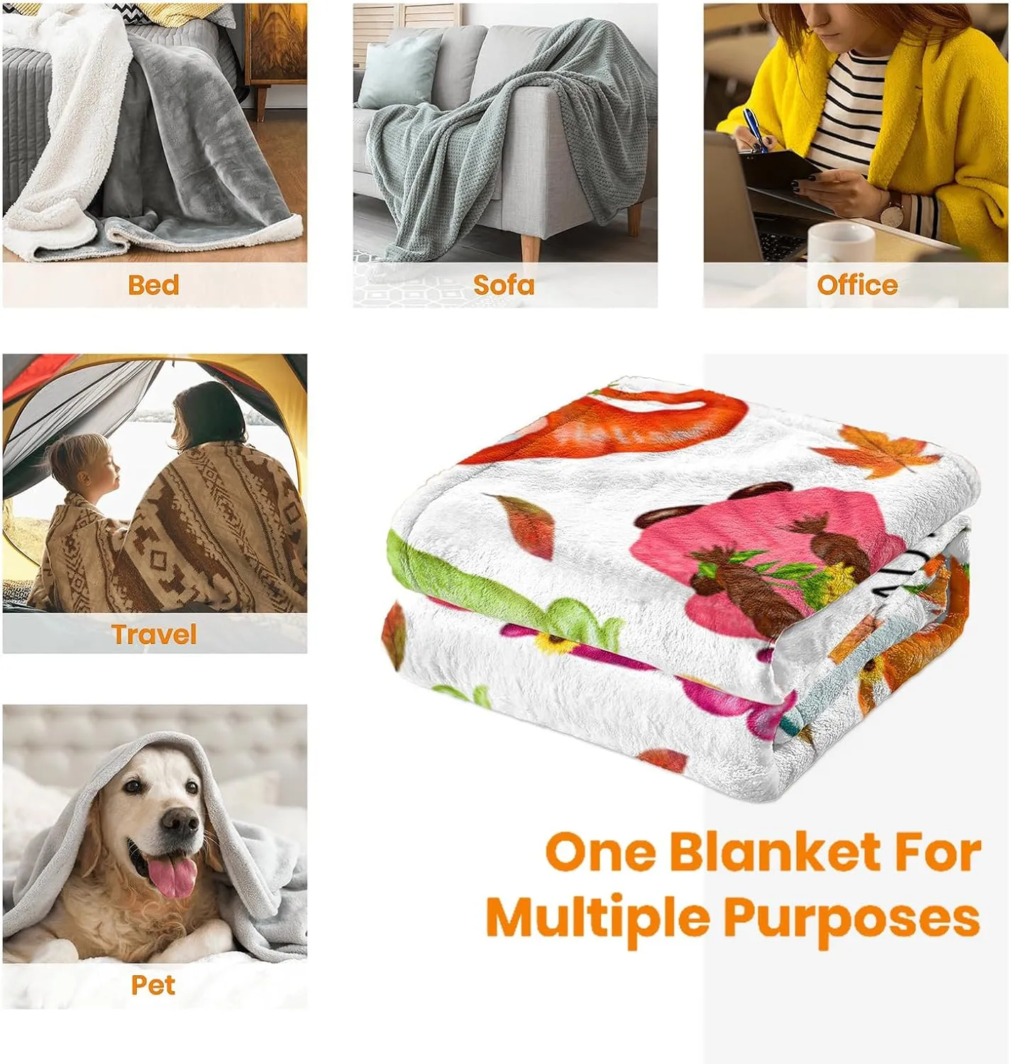 JOOCAR Autumn Gnome Throw Blanket Fall Leaves Decor Cute Gnome with Sunflower Blanket Cozy Soft Lightweight Flannel Plush Blankets for Bed Couch Living Room Sofa Chair,60x80 Inch