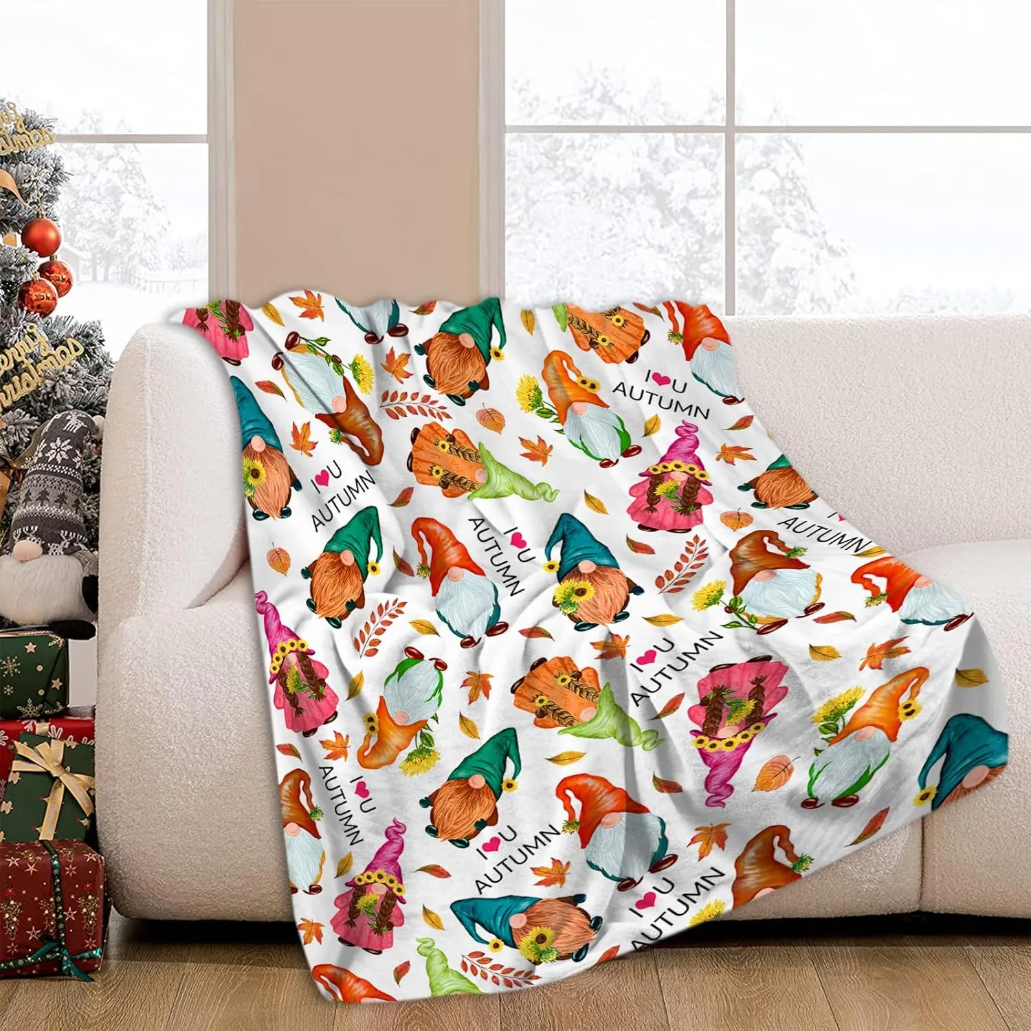JOOCAR Autumn Gnome Throw Blanket Fall Leaves Decor Cute Gnome with Sunflower Blanket Cozy Soft Lightweight Flannel Plush Blankets for Bed Couch Living Room Sofa Chair,60x80 Inch