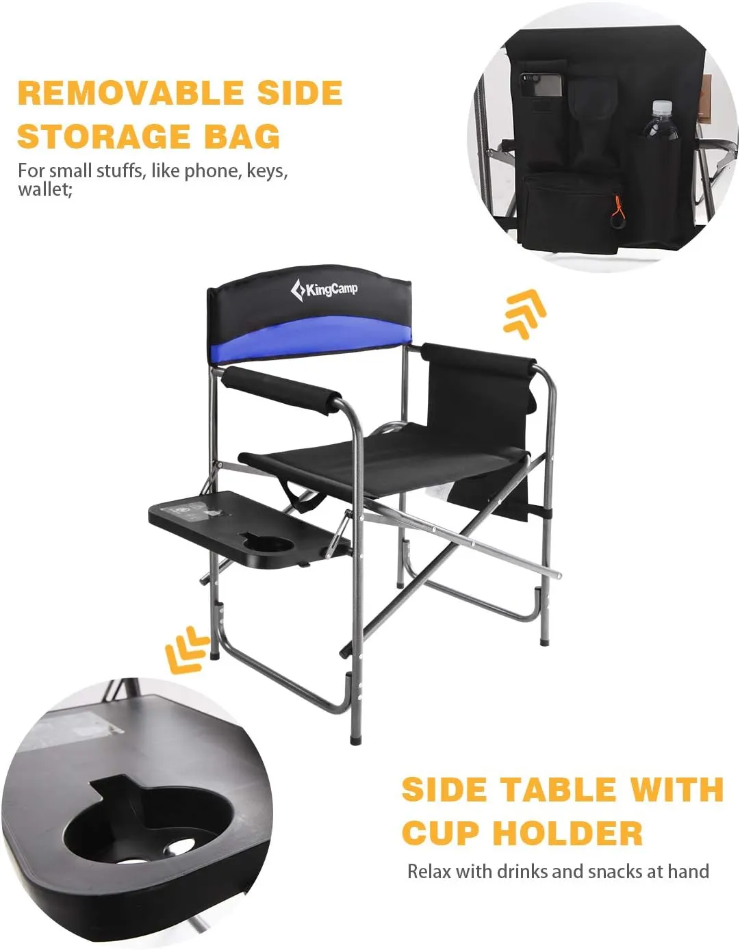 KingCamp Heavy Duty Camping Director Chair, Folding with Side Table & Storage, Blue