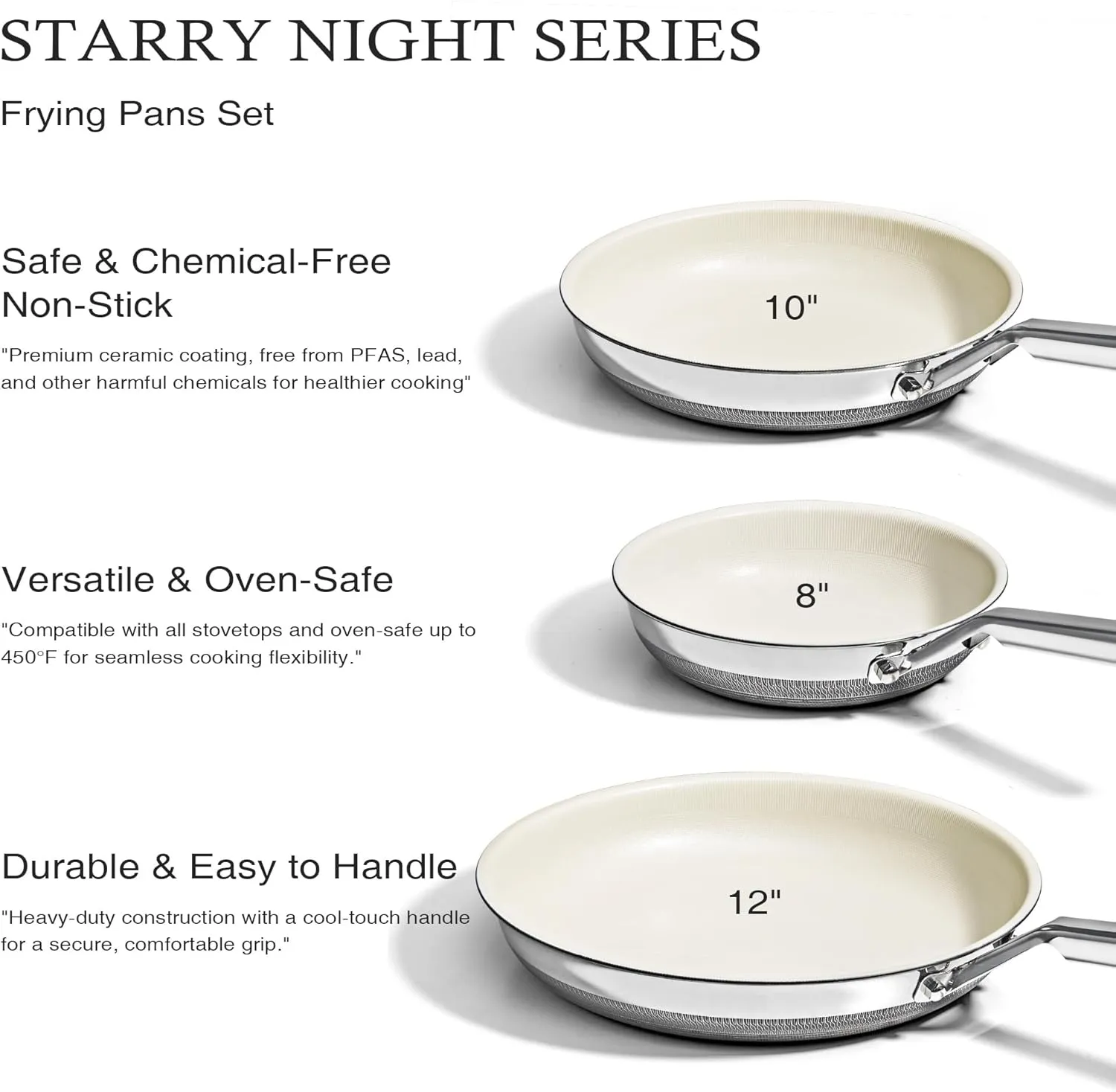 KITEXPERT Non Stick Frying Pans Set - 3 Piece (8", 10", 12") Beige Titanium Ceramic Pan, Nonstick Skillet Stainless Steel, PFAS, PFOA & PTFE Free, Dishwasher & Oven Safe, All Cooktops Compatible